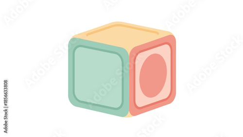 A colorful block toy is viewed from a slight angle, showcasing its different colored sides and simple shapes in a minimalist environment.