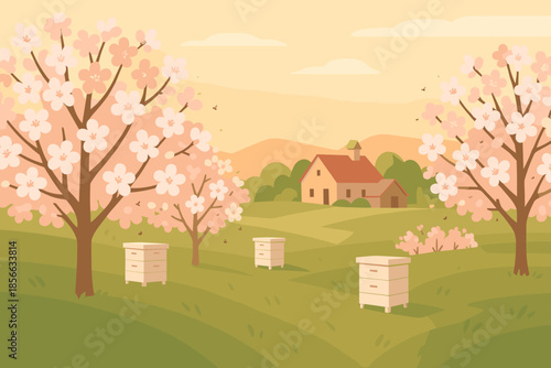 Bees gather around hives in a blooming orchard with a house in the background during a sunny afternoon