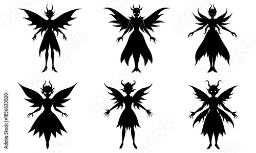 Six Dark Silhouettes of Winged Creatures with Horns on White Background