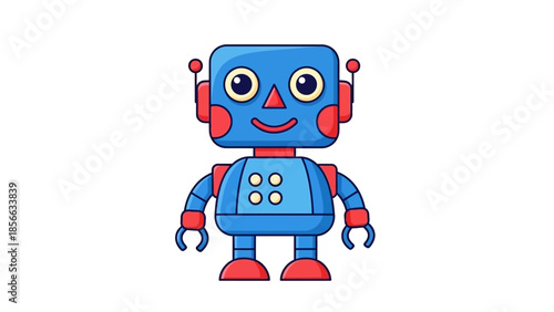 A blue robot stands facing forward with visible mechanical details and red accents on a white background.