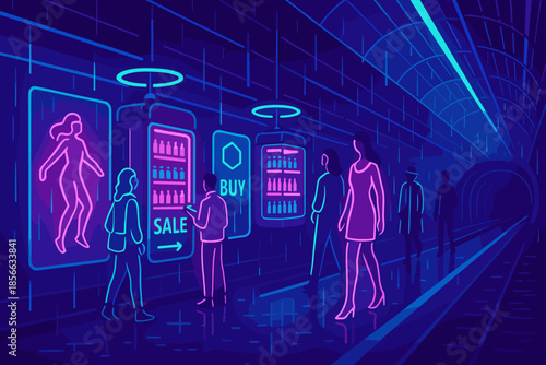 Neon lights illuminate a subway station with vending machines and people during night time