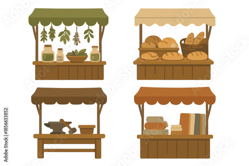 Market stalls display fresh produce, baked goods, and handmade items in a lively setting