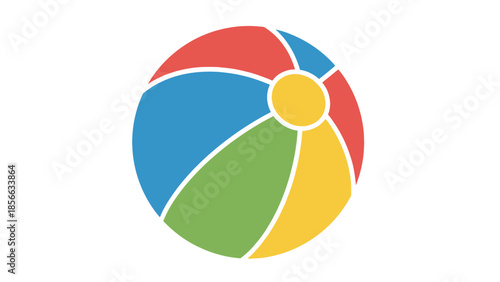 A colorful beach ball with multicolored sections is centered on a white background viewed from directly above