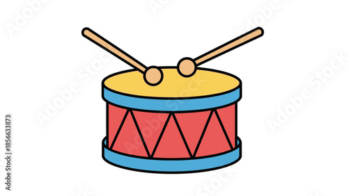 Illustration of a drum with drumsticks on a white background viewed from the front