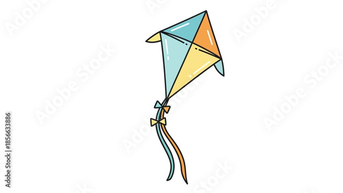 Colorful kite soaring high in the air with flowing ribbon tails on a clear day