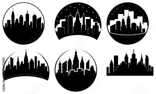 Black and white city skyline silhouettes in circular and semi-circular frames with transparent background