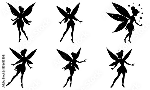 Five Black Silhouettes of a Fairy with Large Wings on Transparent Background