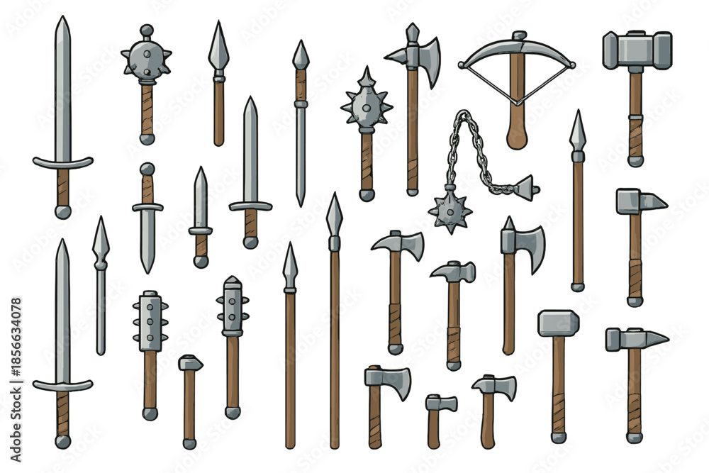 Obraz premium Collection of various weapons including swords, axes, and crossbows arranged on a plain background for display and design use