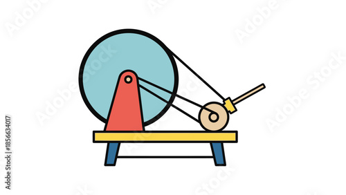 Mechanical device with wheel and lever on a platform viewed from the side