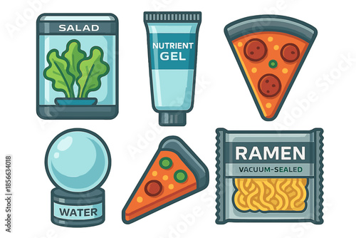 Meals and groceries placed together on a surface showing different food items and products in a casual arrangement