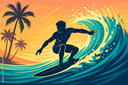 Surfer rides a wave during sunset at a tropical beach with palm trees in the background