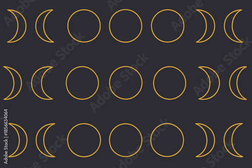 Patterns of moon phases in simple design on dark background with gold outlines of different shapes