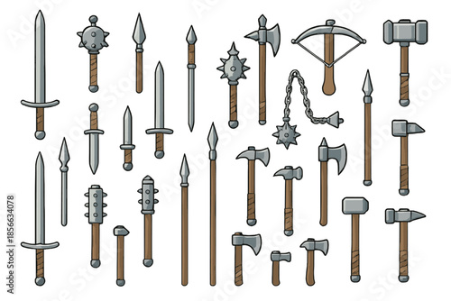 Collection of various weapons including swords, axes, and crossbows arranged on a plain background for display and design use