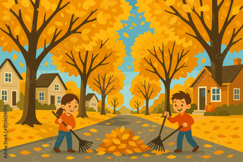 Kids rake leaves in a suburban neighborhood during autumn on a sunny day