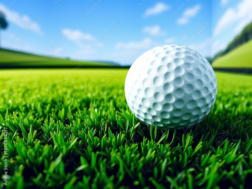 Fototapeta premium White golf ball with black dot on lush green field, wall border, simulator background, field, indoor golf