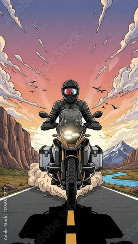 Motorcycle Rider on Open Road at Sunset