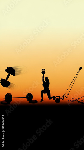 Athlete Lifting Kettlebell at Sunset with Fitness Equipment