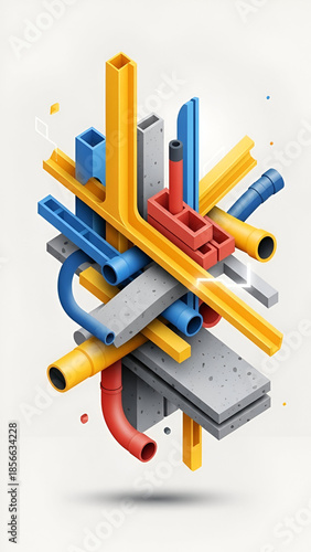 Colorful Abstract Geometric Construction with Pipes and Beams