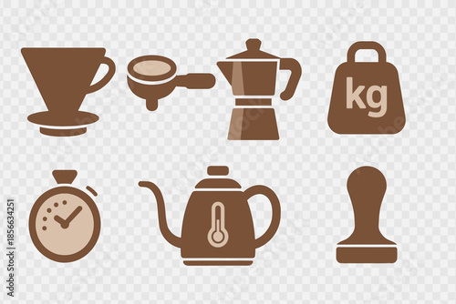 Different tools and items used for making coffee in a simple style representing coffee preparation and measurement methods