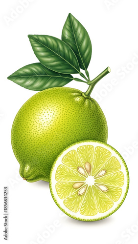 Fresh Green Lime with Slice and Leaves