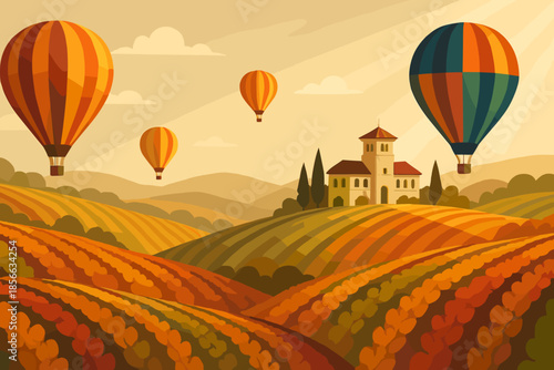 Colorful hot air balloons soar over vineyards and a white house during sunset in a rural landscape