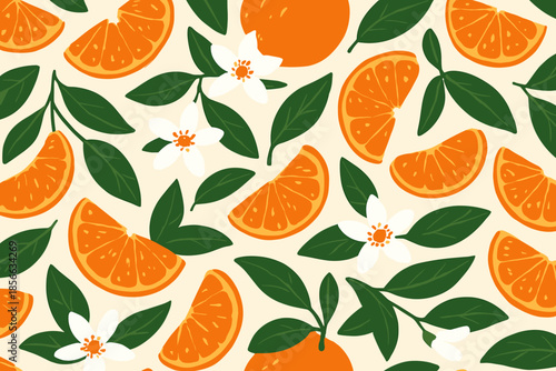 Bright oranges and flowers create a simple pattern of fruit and leaves on a light background