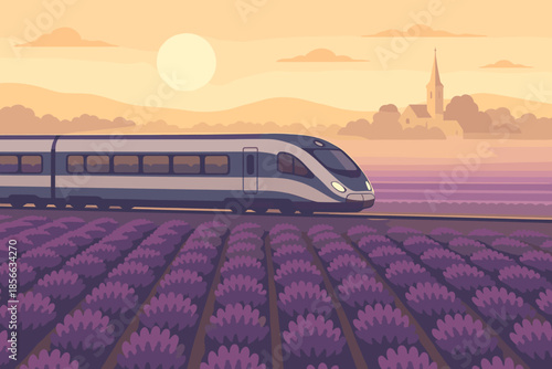 Train travels through lavender fields at sunset near church and mountains