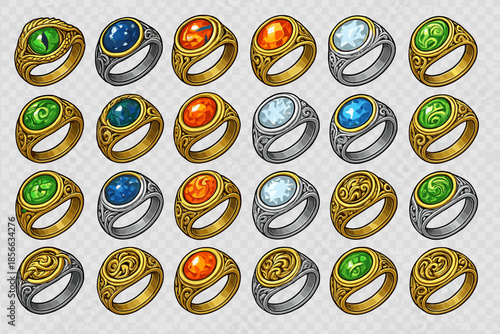 Various types of rings with colorful stones arranged in a grid pattern on a white background