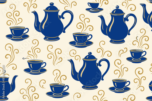 Wallpaper Mural Pattern of blue teapots and cups with steam on a light background in a simple design Torontodigital.ca