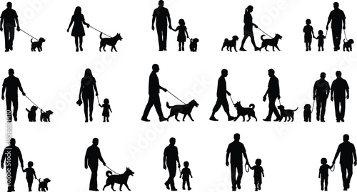 Black silhouettes of people walking dogs and children, diverse family and pet vector set, isolated outdoor activity icons for design,