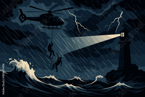 Rescue operation at sea during a storm with helicopter and lighthouse in the background