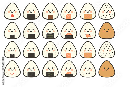 Cute rice balls in different shapes and faces arranged in a grid pattern for a fun food display at a market or event