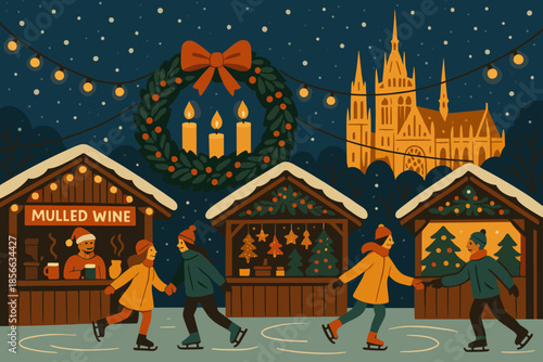 Skaters enjoy evening at a holiday market near a historic castle with festive lights and warm drinks