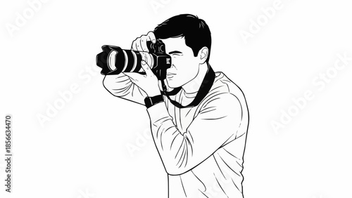 Man holding a professional camera and taking a photo.