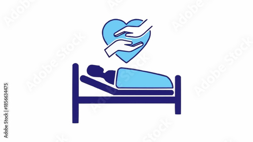Patient care symbol with heart and hands over bed.