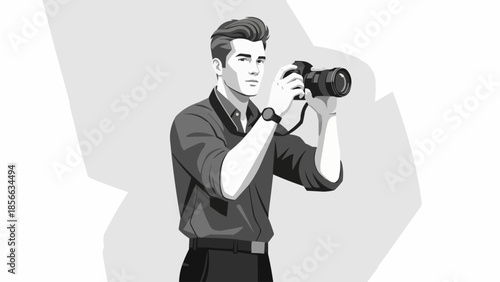 Man holding a professional camera taking a picture.