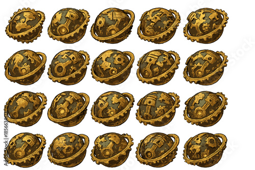 Unique designs of spherical objects with gears and mechanisms in a grid layout