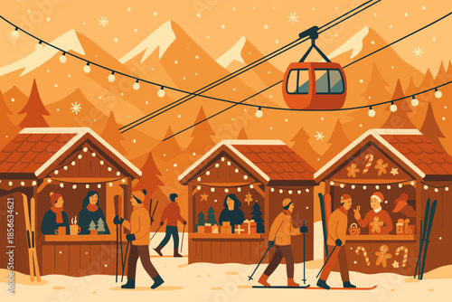 Skiers visit market in snowy mountains with cable car in the sky during winter season