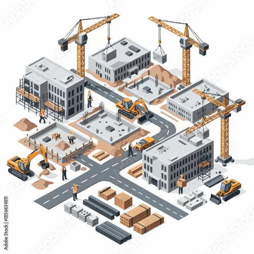 Isometric Construction Site with Buildings, Cranes, and Workers.