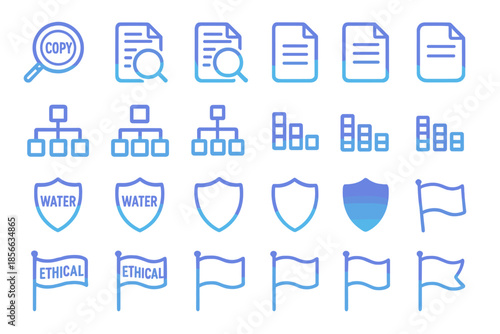 Various icons representing copy, documents, data flow, water, and ethical concepts seen in a minimal design