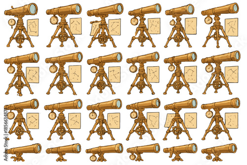 Collection of telescopes and star maps arranged on a white background for scientific study and exploration of the night sky