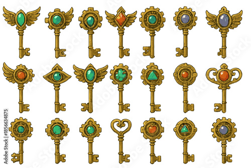 Decorative keys with unique shapes and colors arranged in a grid display for creative inspiration