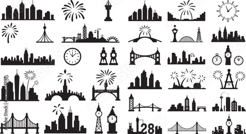 City skyline silhouettes with bridges and fireworks on white background