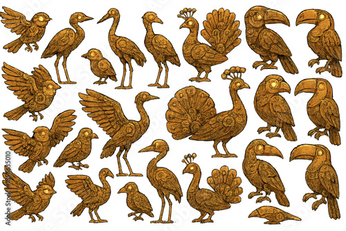 Bird designs in various styles show different shapes and details in a creative art collection of birds and feathers