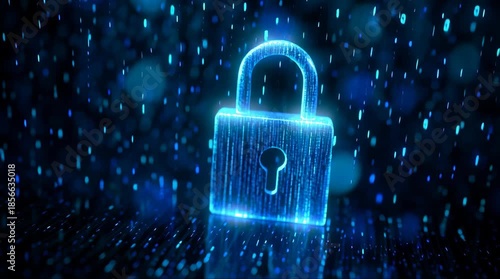 A glowing blue digital padlock symbolizing cybersecurity and data protection in a futuristic abstract background.