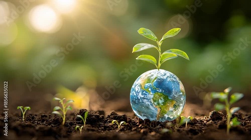 A small plant sprouts from a miniature Earth, symbolizing growth and environmental care.