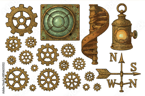 Various gears, a spiral staircase, a lantern, and a compass arranged in a design for a mechanical or steampunk theme
