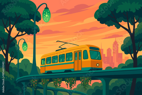 Sunset over city tram traveling through park on curved track with green trees and skyline in background