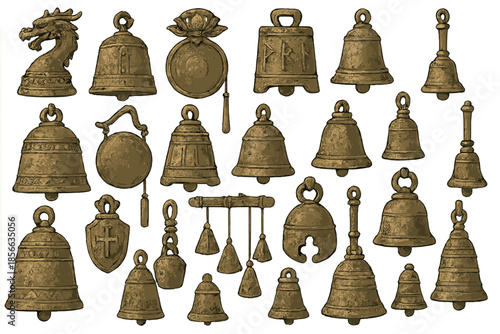 Collection of different bells showing various shapes and designs during an exhibition in a local museum