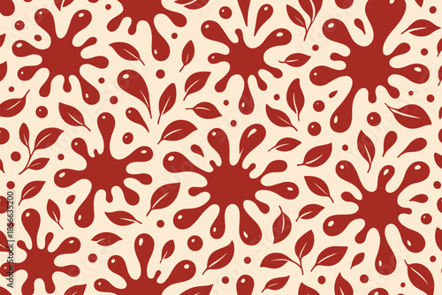 Red splash and leaf pattern design on light background with organic shapes and playful elements
